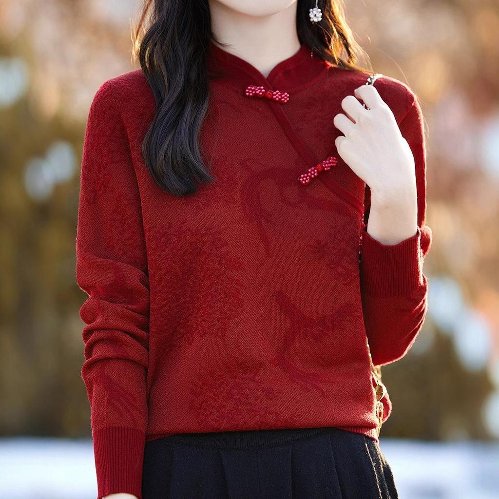Chinese-style Knitted Sweater, Women's Button-up Floral Jacquard Stand-up Collar Spring Retro Base Layer