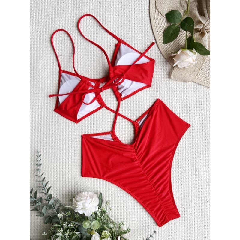 Women Solid Color Backless Strappy One Piece Swimsuit Ladies Bathing Suit