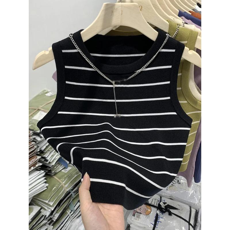 Fashion Casual Pullover Knitted Short Striped Vest Women's 2025 Spring Summer New Slim Fit Sleeveless Tank Top Elegant Thin Office Shirt