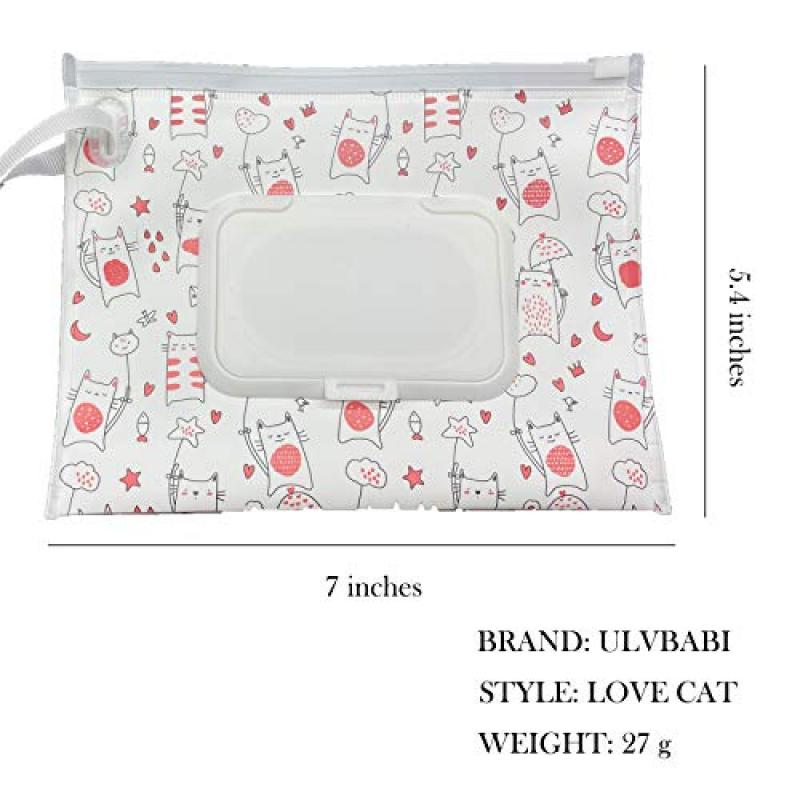 Portable Wet Wipes Case, Reusable & Refillable Travel Wipes Dispenser, Eco-Friendly Handy Baby Wipes Holder, Compact Size 17.8x13.7cm, Cute Cat Design