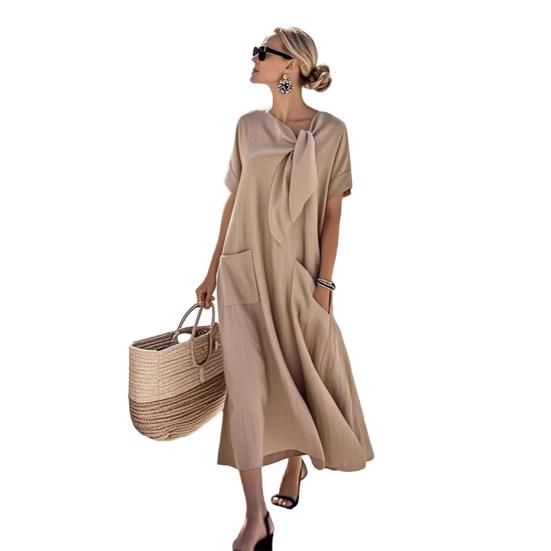 Women Summer Long Dress Tie Neck Short Sleeve Flowy Beach Sundress Casual Loose Vacation Long Dress with Pockets