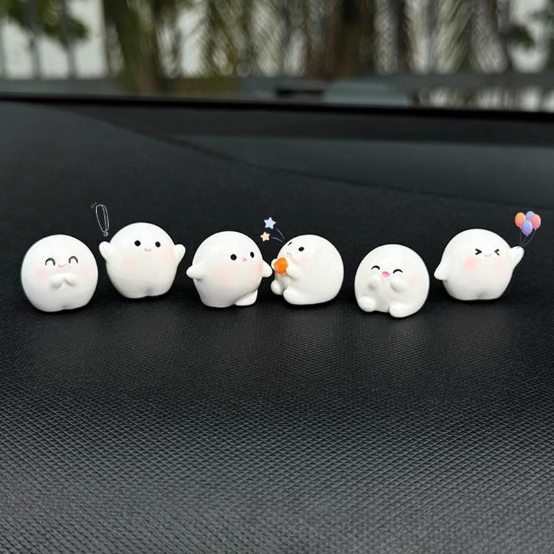 6Pcs Funny Cute Round White Elf Resin Craft Miniature Figure Tiny For Car Center Console Navigator Decoration