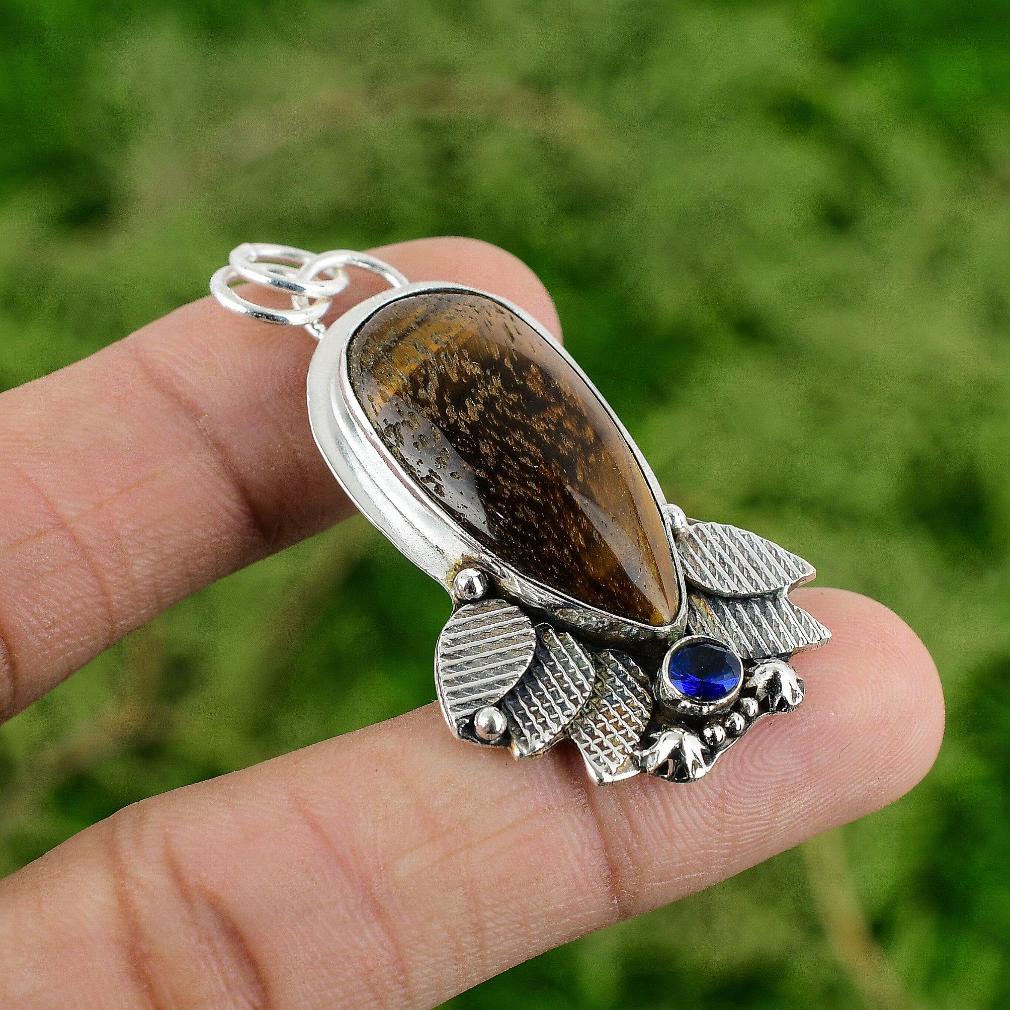 

Sacral Chakra Tigers Eye Stone Tanzanite Quartz Sterling Silver Pendant Jewelry