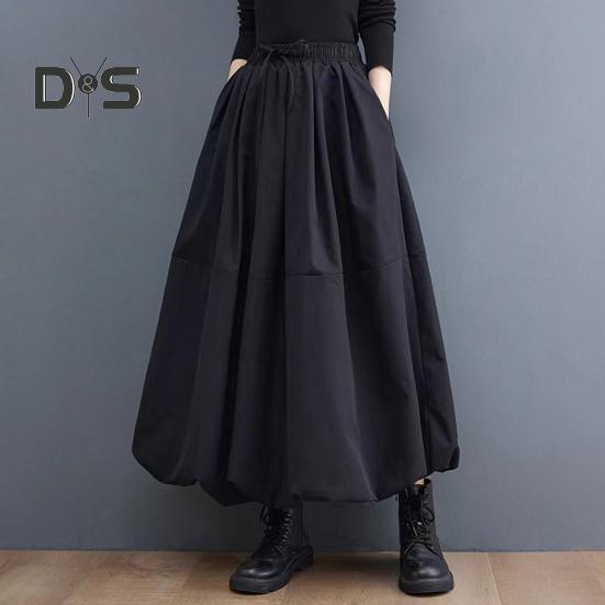 Women Maxi Skirt High Waist A Line Long Skirt Solid Color Pockets Design Female Thick Warm Elastic A Line Puff Skirt