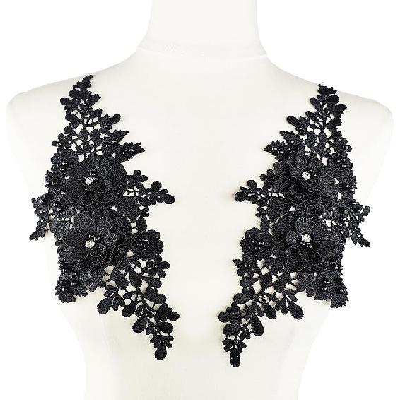 1 Pair Lace Flower Applique Beaded Rhinestones Sew On Embroidered Patches Applique Décor for Wedding Dress DIY Sewing Craft Decoration, Black 9.2 x