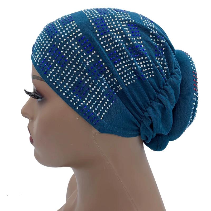 New Women Full Diamonds Donut Turban Cap Elastic Muslim Hijab Bonnet Hat Ladies Headband Turbans African India Caps