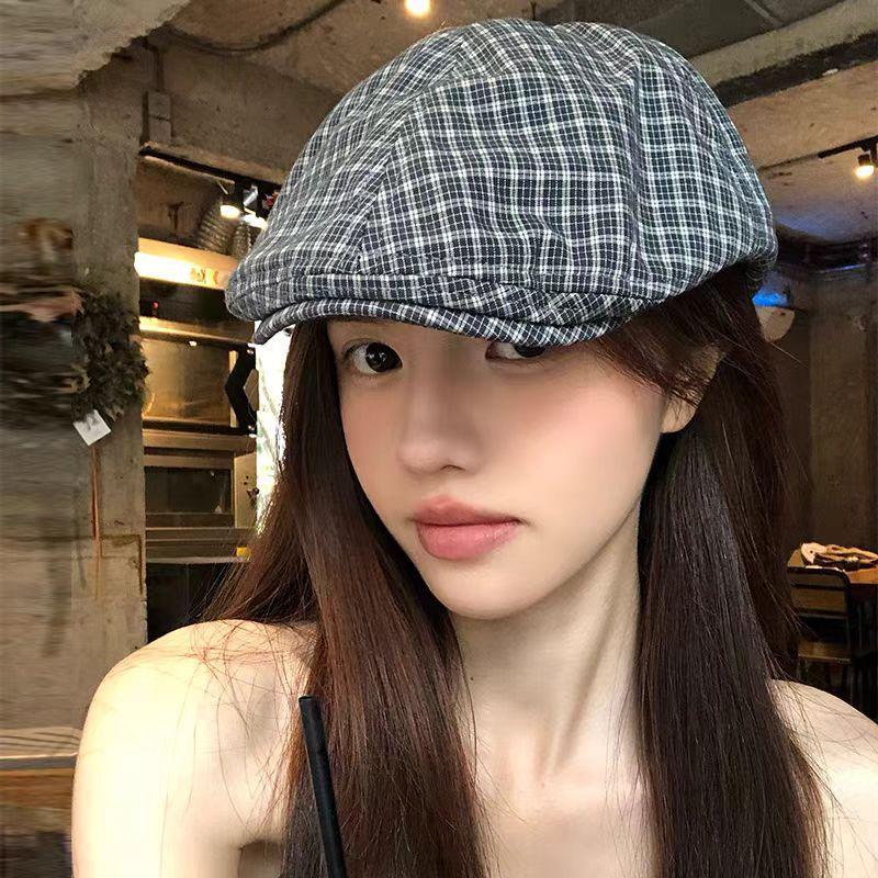 Retro Japanese Color Matching Plaid Forward Hats for Women Spring and Summer Travel Sunscreen Versatile Casual Literary Berets