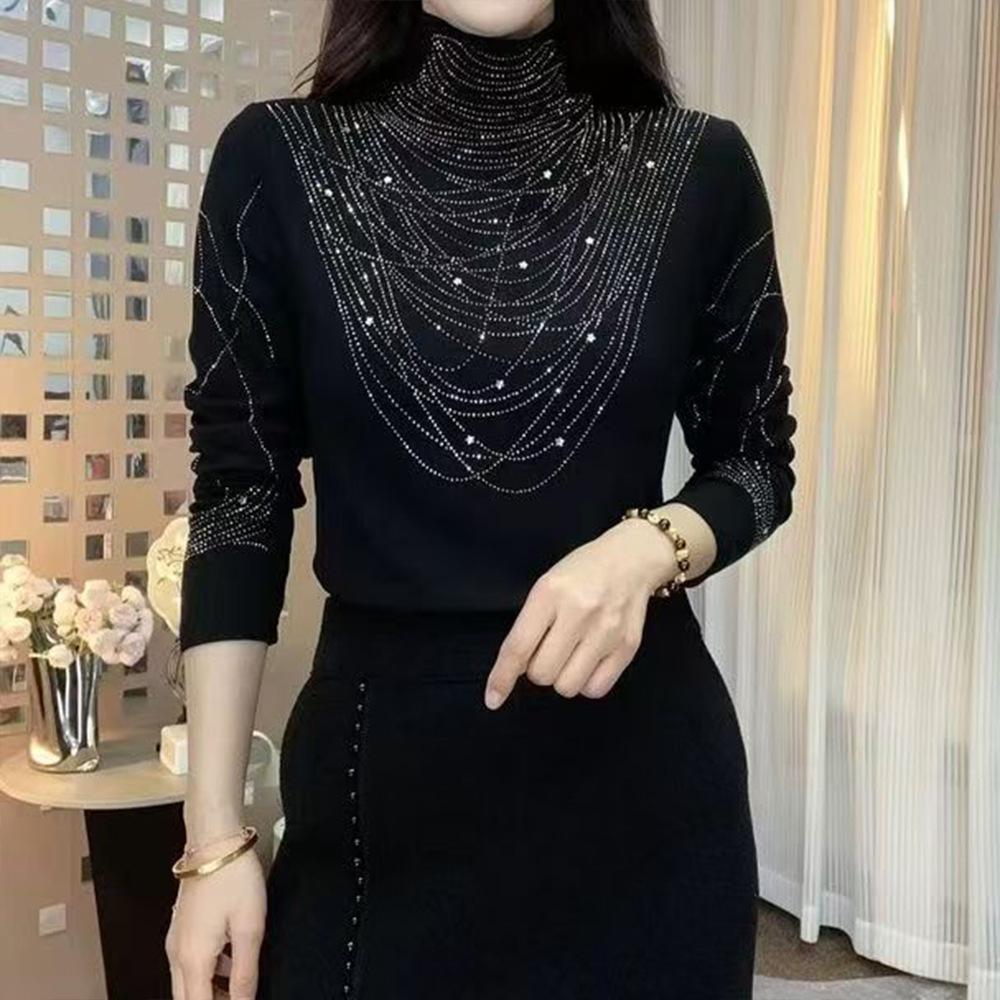 Cross2026 Elegant Slimming Semi-High Collar Long Sleeve Top with Hot Drill Detailing for Fall/Winter