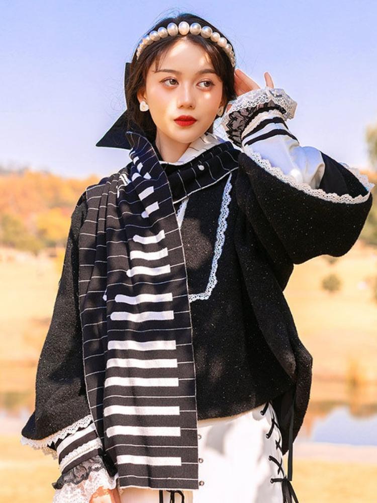 2026 Winter Y2k Aesthetic Grunge Long Scarves Women Unisex Harajuku Knitted Neckerchief Black White Piano Jacquard Scarf Gothic