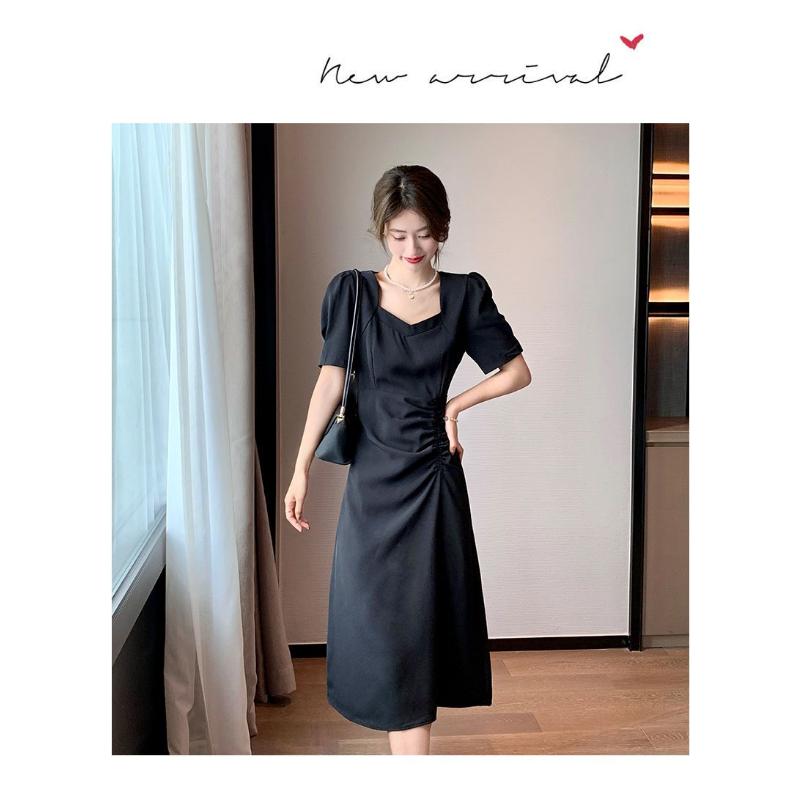 Vestido de verano de Color liso, elegante, con cuello cuadrado, cintura plisada, ajustado, manga de burbuja, vestido de moda