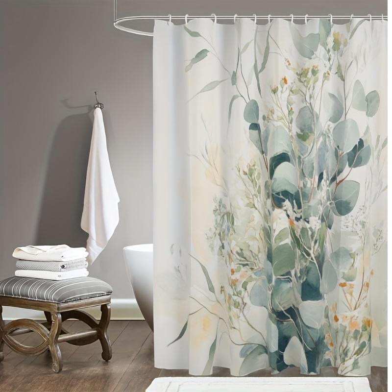1Pc Eucalyptus Leaf Shower Curtain Set With Hooks, Hd Printing, Easy To Clean, Hole-Free Installation, Bathroom Decoration