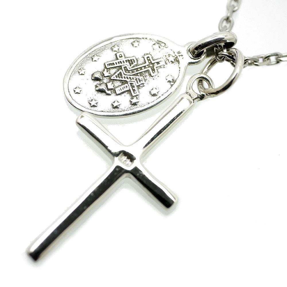 [Silver One] Sterling Silver 925 Miraculous Medal Virgin Mary & Cross Necklace Pendant Set with Chain for Men C1 [Length 50cm]