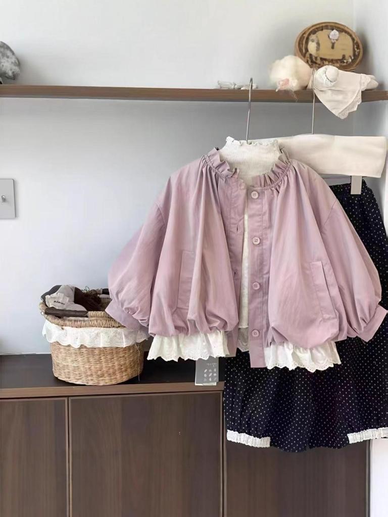 Girls' Korean Lantern Sleeve Bud Coat - 2025 Spring/Fall Children's Fashion Short Mori Style Windbreaker