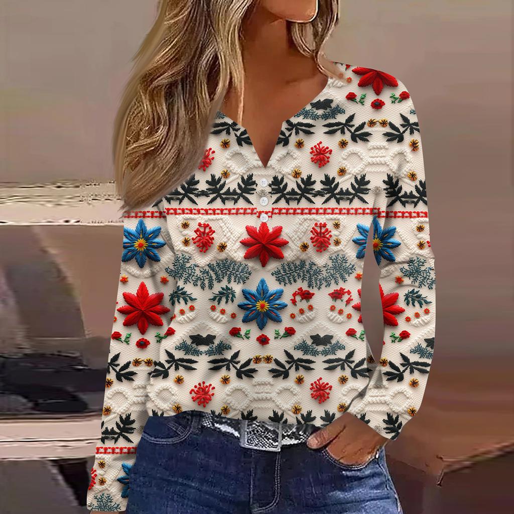 Women's Fashion Casual V-Neck Button-Up Long-Sleeve T-Shirt With Christmas Print Top