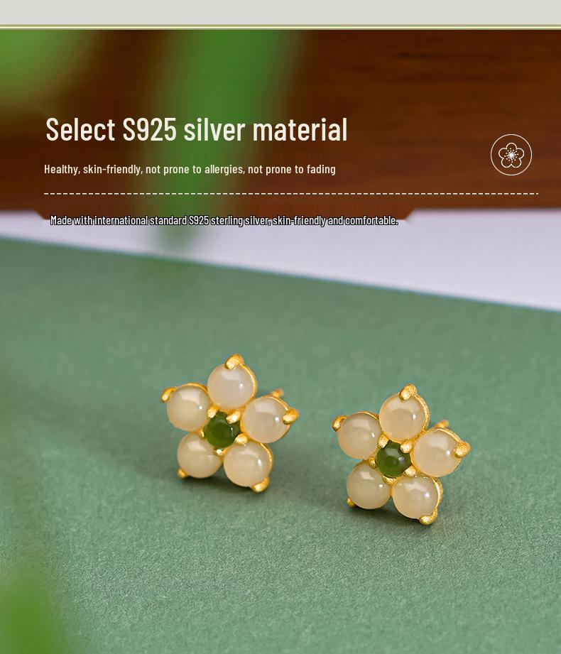 Tichiya Natural Hetian Jade Peach Blossom Earrings, S925 Sterling Silver, Chinese Style, Elegant Flower Design for Women.