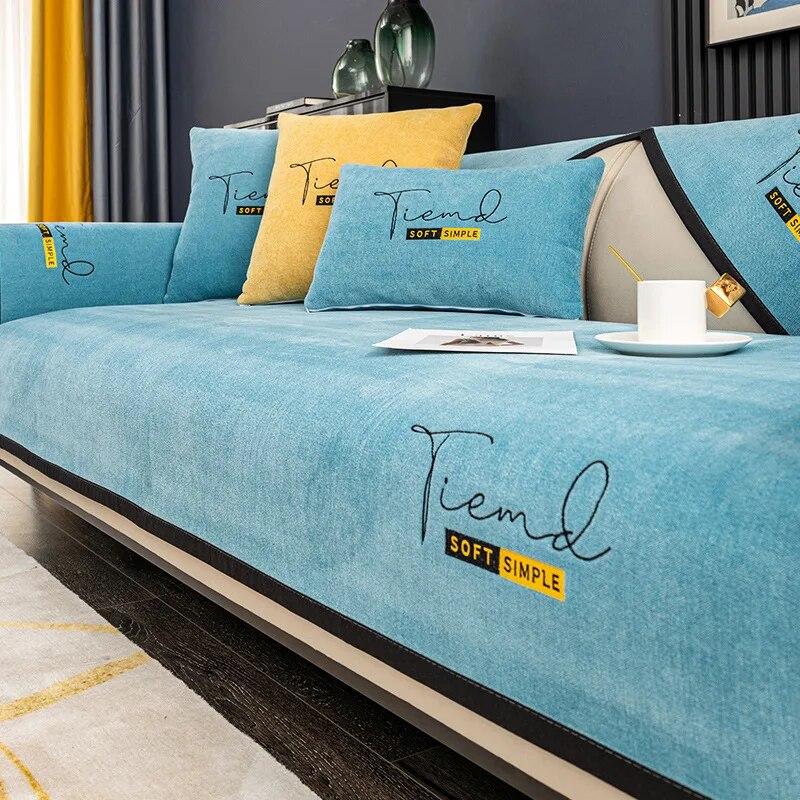 

Сплошной цвет с вышивкой, чехол для дивана, синель, четырехсезонный универсальный нескользящий чехол для дивана, L-образная мягкая диванная подушка для гостиной 70x70cm 1pcs