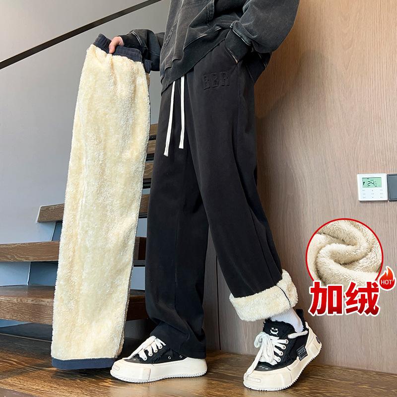 

Lamb Velvet Men s Winter New Style Plus Thickened Casual Cotton Pants Autumn Straight Sweatpants L чёрный