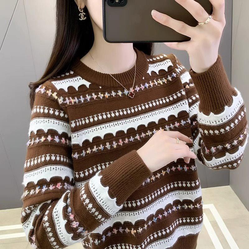 

Жіночий ретро смугастий светр на флісовій підкладці - Корейський стиль, Вільна в язка, Осінньо-зимовий топ