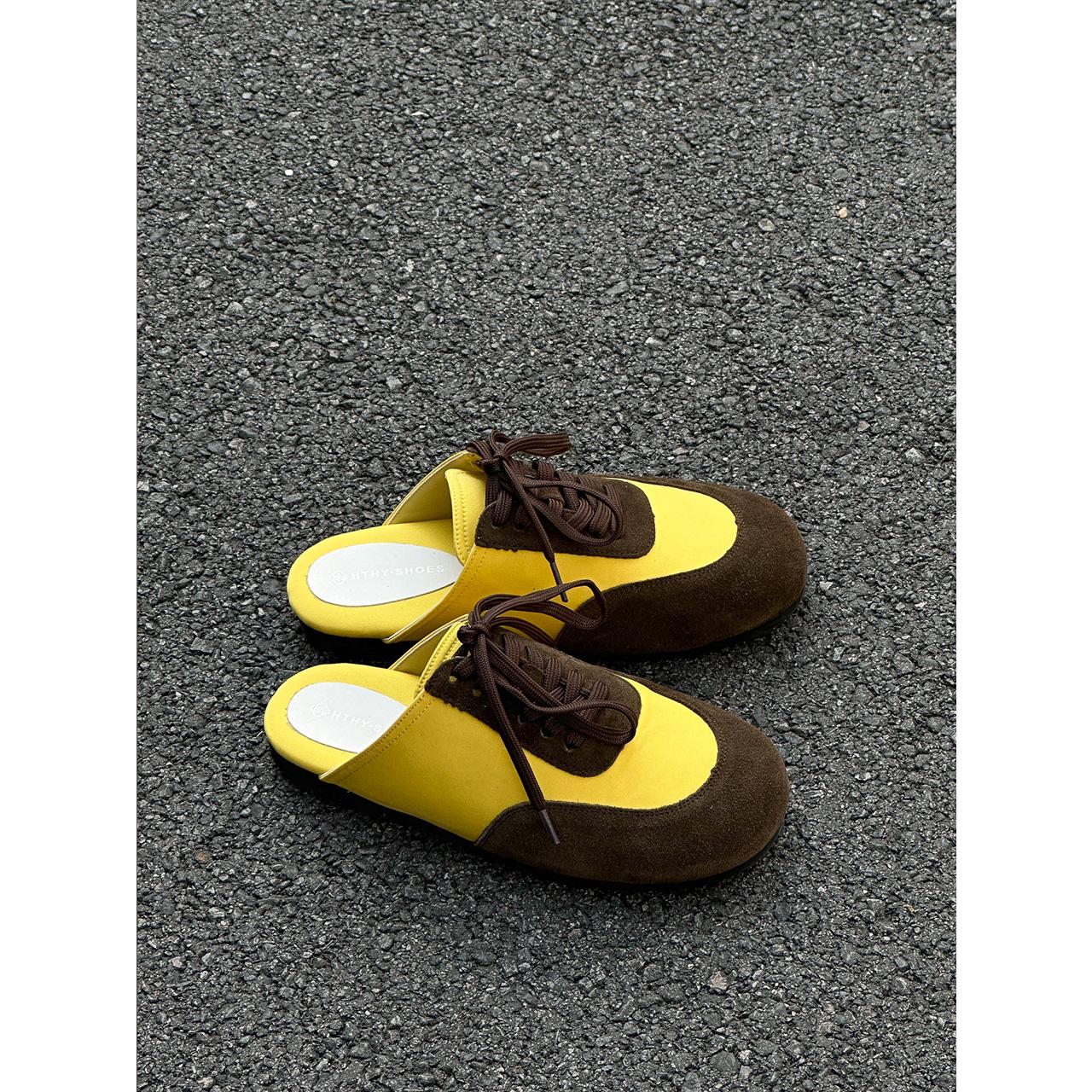 

толстая подошва полускользящие немецкие кроссовки женские 2025 новые ретро контрастные цвета однопедальные туфли Muller повседневная обувь в тон цвета Forrest Gump s 35 жёлтый