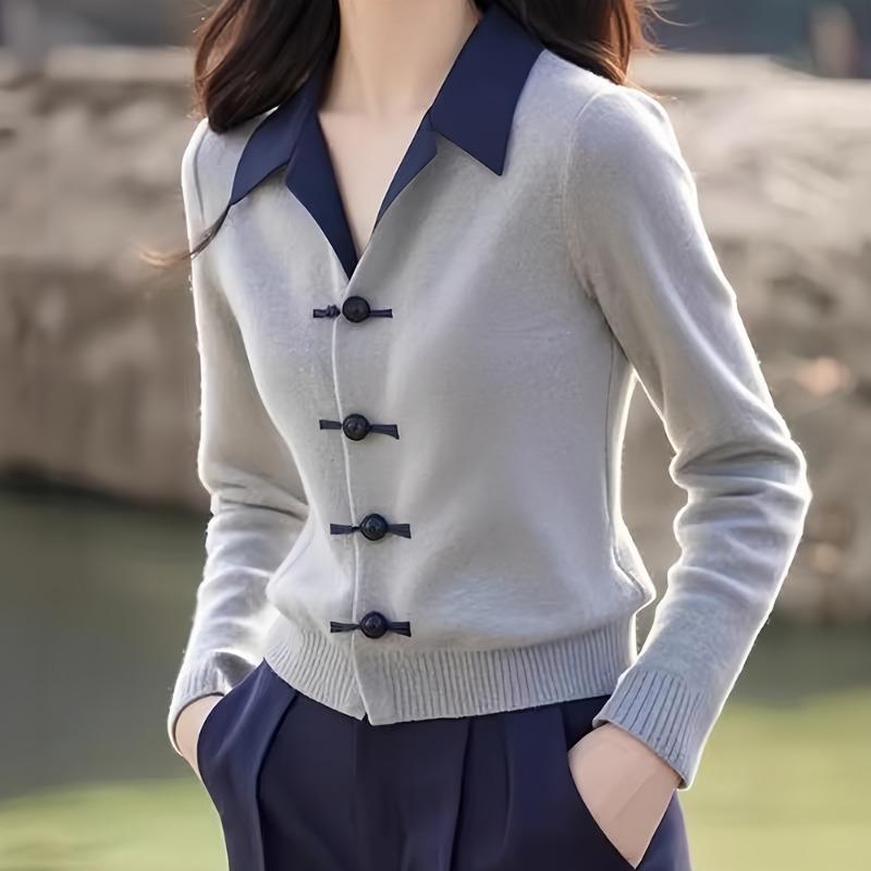 Grauer Reverspullover Gestrickte Strickjacke Damen Neu Frühling und Herbst Kleidung High-End Oberteil