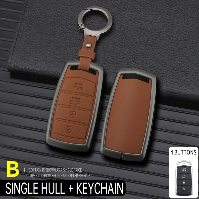 Zinc Alloy+Leather Car Key Case Cover Shell Fob For Hyundai Genesis G70 G80 Eq900 G90 Car Interior Keychain Accessories