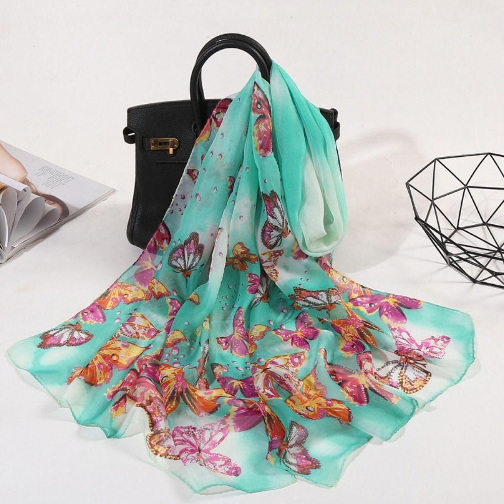 Sunscreen Long Wrap Shawl Butterfly Print Beach Gauze Scarf Elegant Shawl Silk  for Women