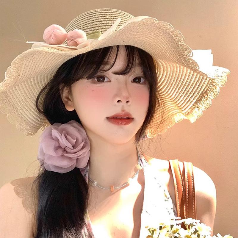 Summer Tulip Lace Edged Straw Hat Women's Beach Vacation Wind Sun Protection Hat Big Brim Sun Hat