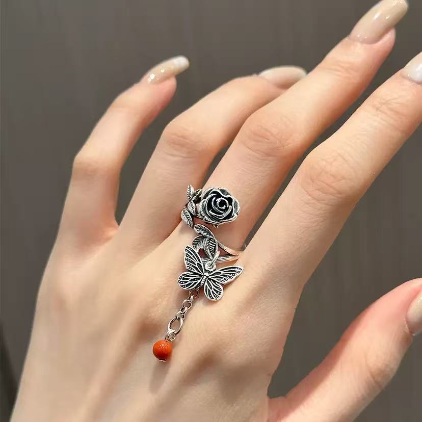 Butterfly Love Flower Tassel Butterfly Ring Women's Simple Fashion Retro Ring Niche Design Opening Trend Flower Ring