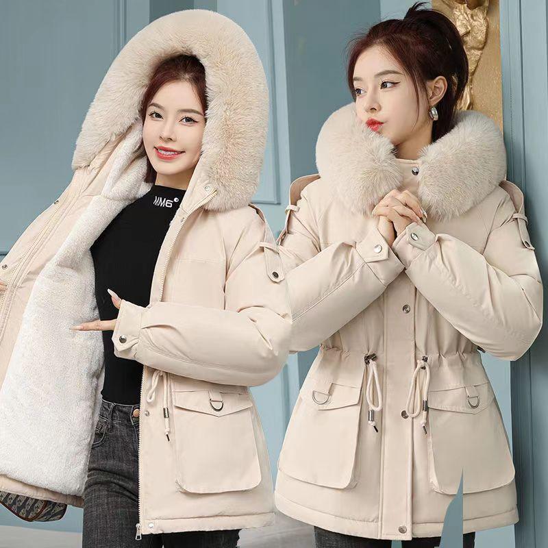 Parka Women's New Winter Hooded Large Fur Collar Down Jacket Women's Short Style Plus Velvet Thickened Loose Slim