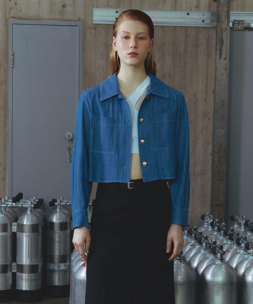 Line Studio One Button Point Crop Denim Blouse Jwdboc0300 Blue/S