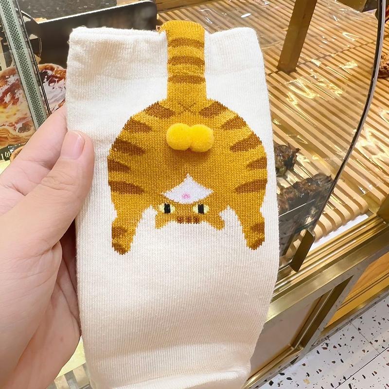 1Pair Cute Cartoon Cat & Ding Dong Egg Couple Mid-Calf Socks - Fashionable All-Season Socks for Spring & Summer