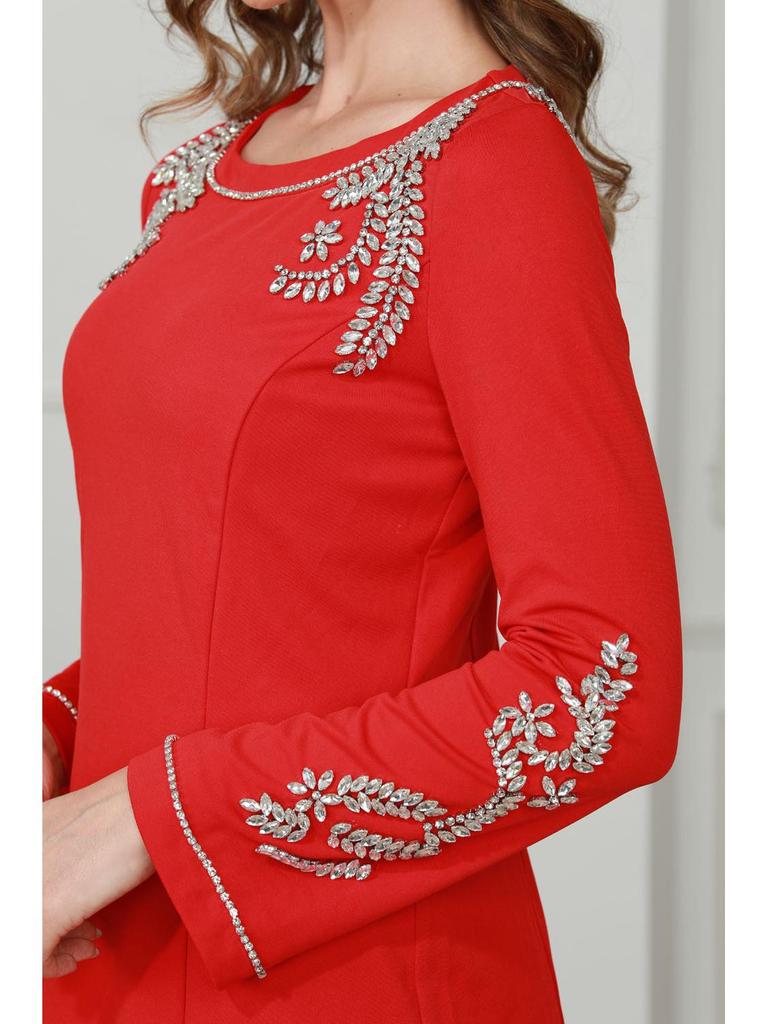European & American Style Red A-Line Slimming Dress - High-End Design for Fall/Winter