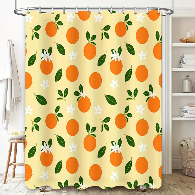 Orange Shower Curtain With Lemon Print, Green Leaves White Flowers Bath Decor For Bathroom Polyester Fabric Shampoo Caddy Bag Wi