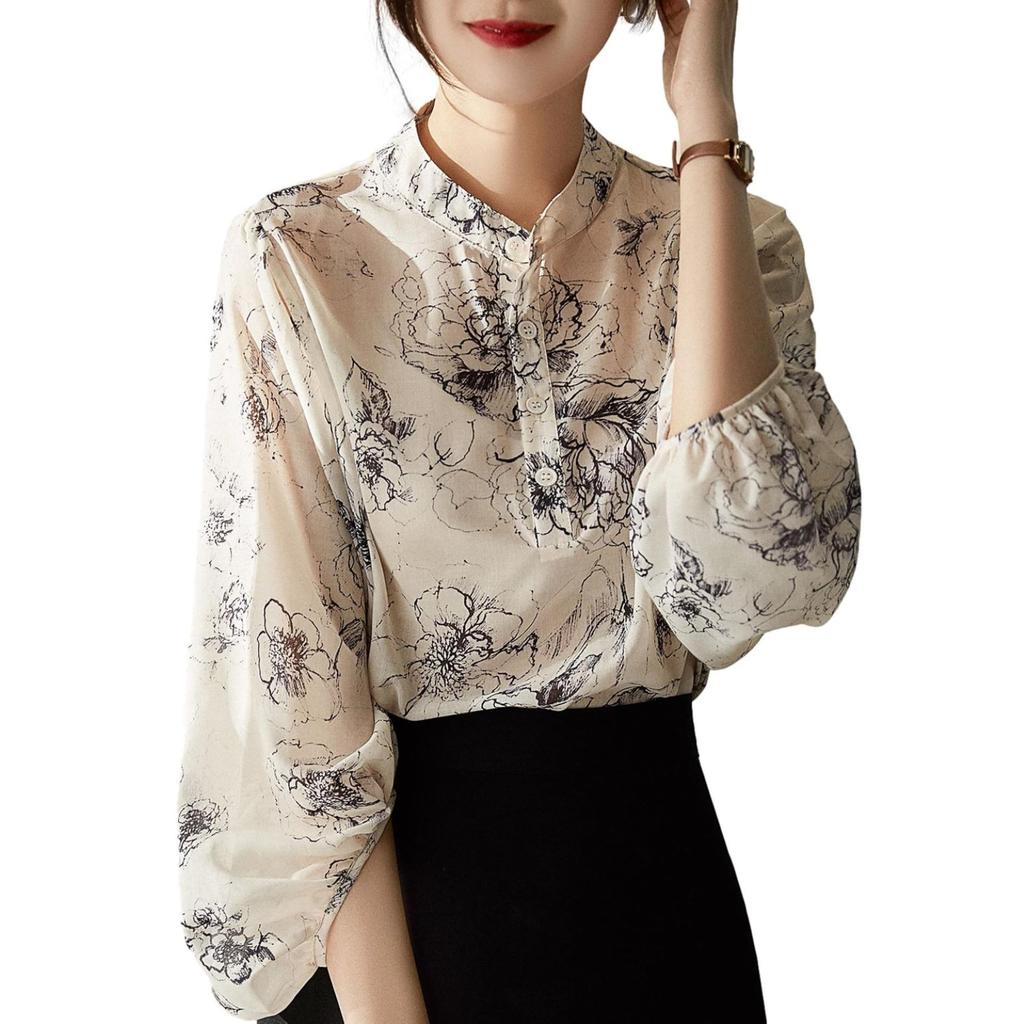 J-Scott Painting-Style Flower Print Blouse, Collarless, Puff Sleeves, Sheer, Lightweight, Refreshing, Ivory, JS46-IV-L