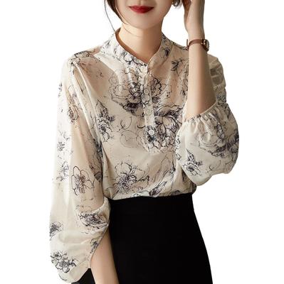 Blusa com Estampa Floral Bufante Estilo Pintura J-Scott, Sem Gola, Mangas, Transparente, Leve, Refrescante, Marfim, JS46-IV-XL (Estoque limitado)