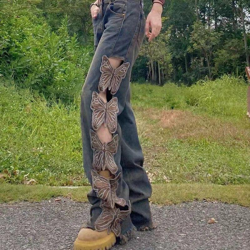 Vintage Trendy High Waist Embroidered Ripped Loose Floor Butterfly Hollow Wide Leg Jeans for Women