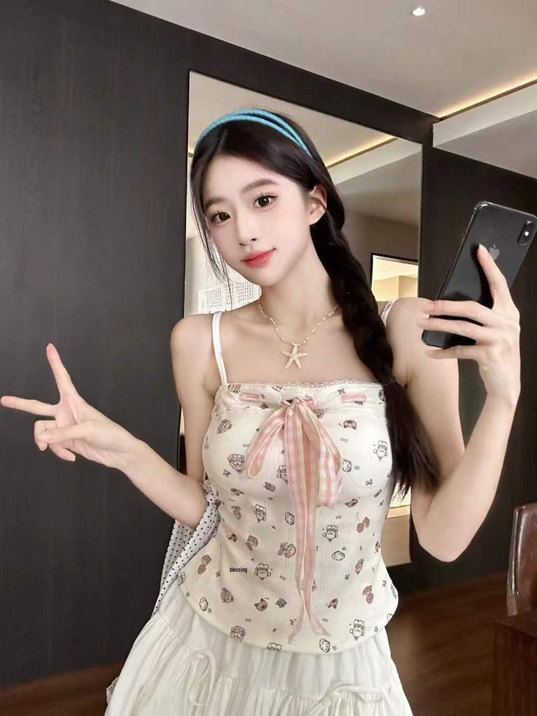 2026 Spring/Summer Slimming Bow Tie Camisole Vest with Padded Bust and Fun Print for Women