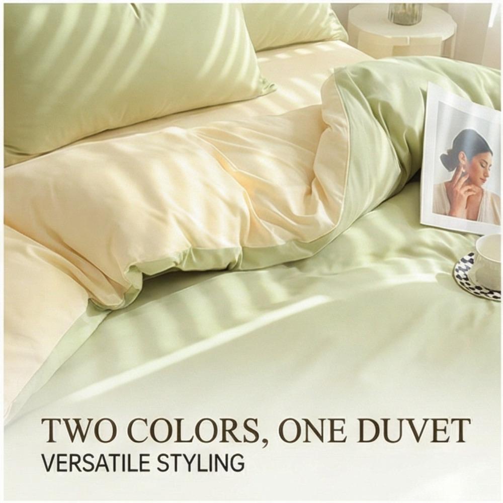 Conjunto de Roupa de Cama Simples de Algodão Lavado Duplamente Torcido - Lençol de Elástico e Capa de Cor Lisa