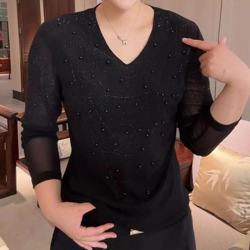 

Women s Autumn Age-reducing Base Shirt Ironing Long-sleeved V-neck T-shirt M чорний