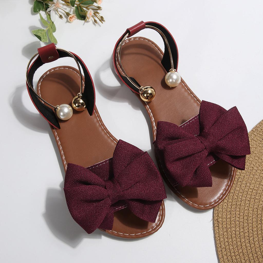 Letní módní ploché sandály s mašlí vpředu pro velké velikosti, pro dámy na nošení venku, na plážovou dovolenou a na běžné nošení