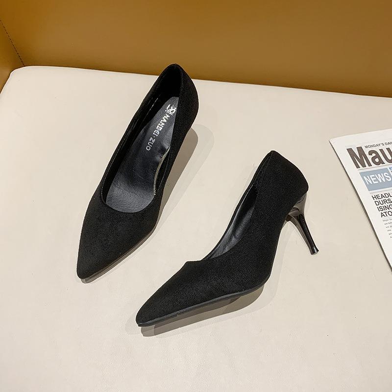 Fashion Spring and Autumn New Black Suede High Heels Female Shallow Mouth Pointed Toe Thin Heeled Sexy Temperament Dress Single Shoes