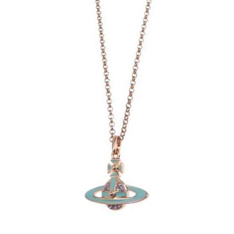 Vivienne Westwood Neil Saturn Design Brass Necklace Women necklace Rose-Gold Blue 6302039P02G191 Basic Packaging-Dust Bag+Box