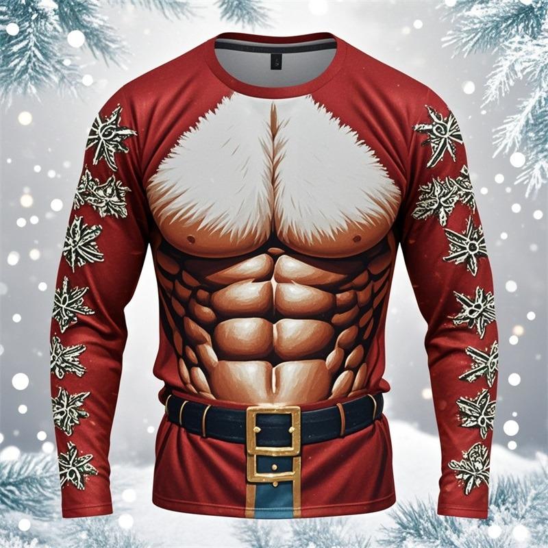 Divertenti Magliette Stampate in 3D con Muscoli Finti di Babbo Natale Brutto Natale Uomo Donna Magliette a Maniche Lunghe Moda Oversize Abbigliamento Natalizio da Uomo