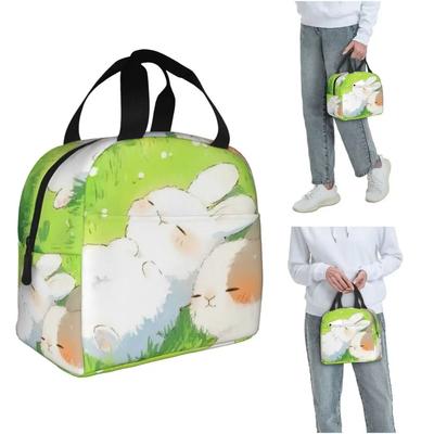 Cute Cartoon Two Little White Rabbits Insulated Lunch Bag for Women Kids Portable Food Boxes Thermal Lunch Box Tote