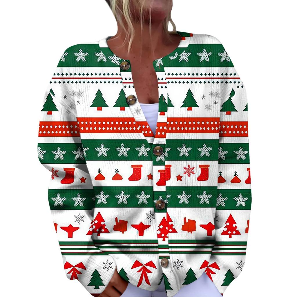 Women's Fashion Christmas Printed Long Sleeve Knitted Cardigan Button Down Jacket