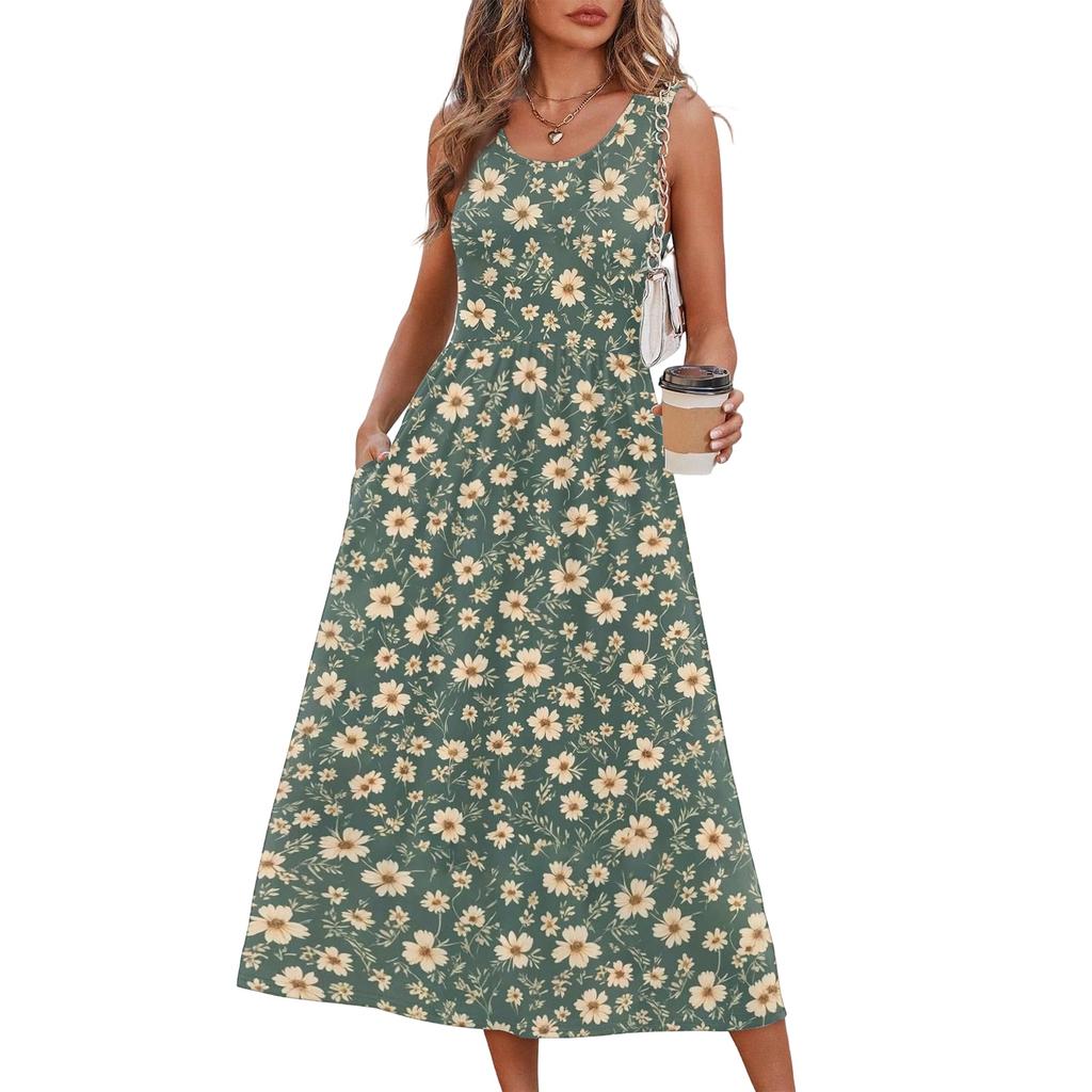 Ärmelloses Maxikleid mit Blumenprint für Damen, lässiger lockerer Schnitt, Sommer-Maxikleid mit Taschen, Rundhalsausschnitt