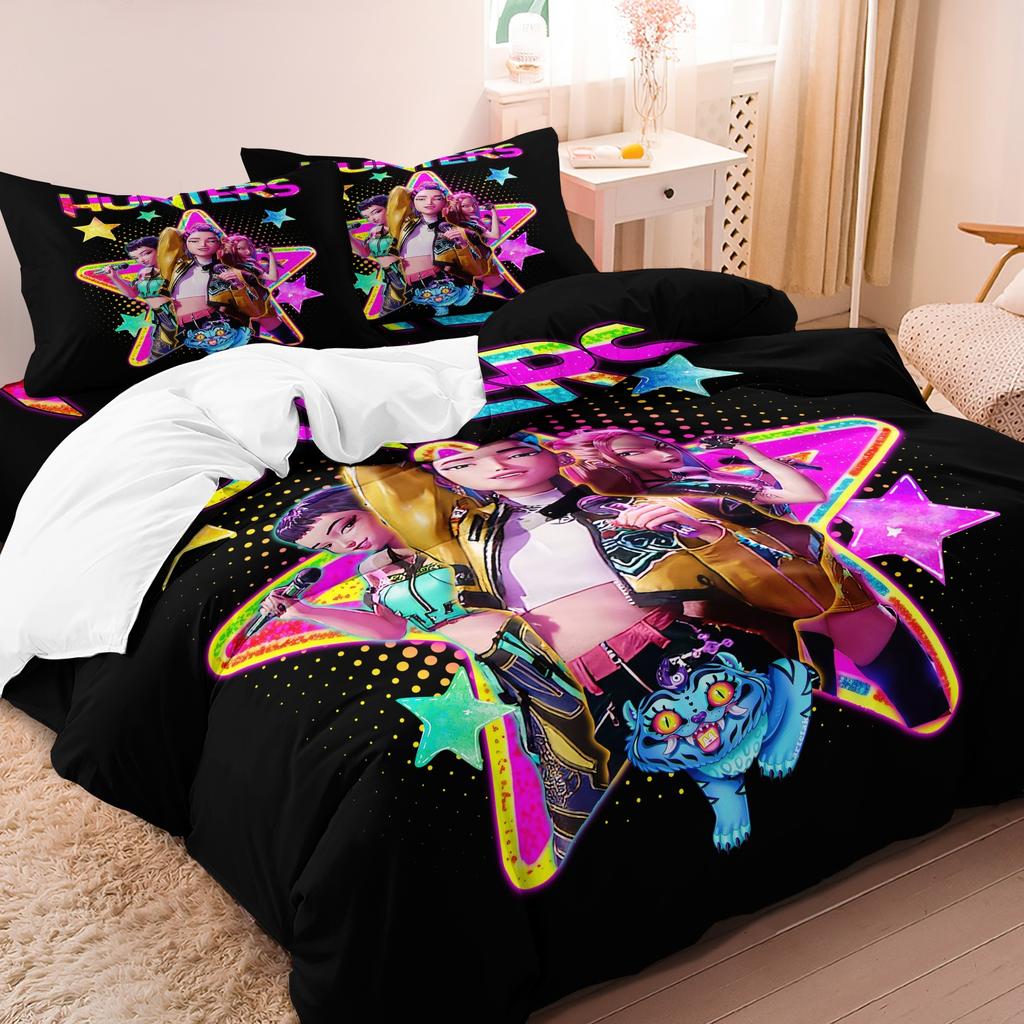 K-Pop Bedding Set Demon Hunters Themed Pink or Black Other Side Print Polyester Student Dormitory Duvet Cover Boys Girls Gift