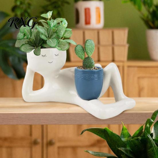 Fun Housewarming Gifts for Plant Lovers Funny Smiling Face Planter, Lying Down Lazy Guy Pot with Drainage Unique Cactus Planter Gift Birthday