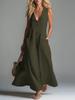 Women Solid Color Deep V Neck Patch Pocket Casual Irregular Long Dress
