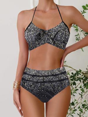 High Waisted Bikini Set Women Printed Swimsuit Two-Piece Halter Lace Up Swimwear Bathing Summer Fashion Female Beachwear